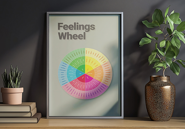 A colorful Feelings Wheel art piece, framed, sitting on a table beside plants and books.