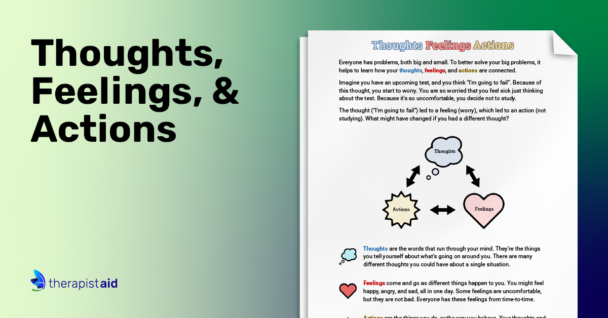 cbt for kids thoughts feelings actions worksheet therapist aid