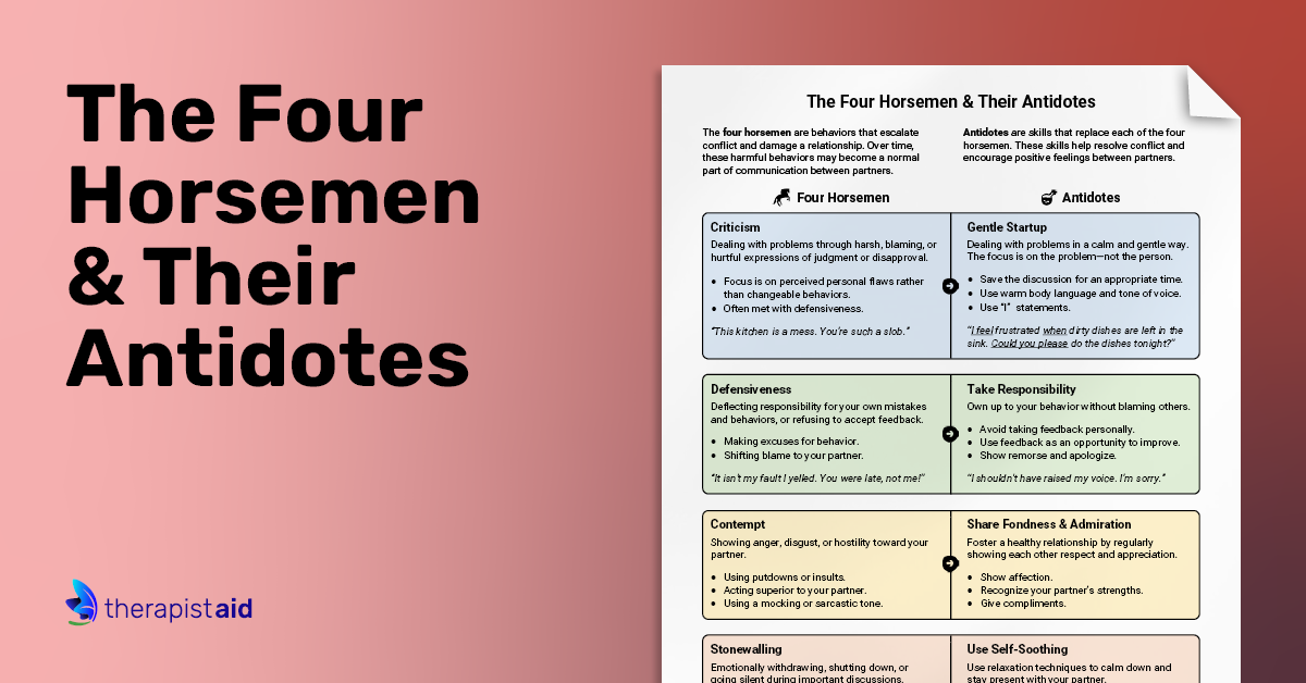 The Four Horsemen & Their Antidotes (Worksheet) | Therapist Aid